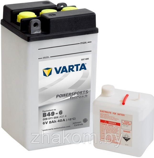 Аккумулятор Varta POWERSPORTS  008011  (8 Ah 6 V) разм.91х83х160 пуск. ток 40A