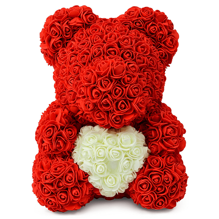 Мишка из 3D роз Красный с сердцем 40 СМ