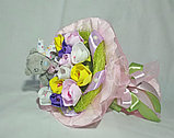 Букет из мягких игрушек, Р0111, розовый, 1 мишка и 11 цветков, фото 3