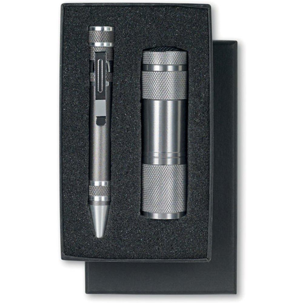 Набор "Combitool" серый/серебристый: фонарик LED и ручка-отвертка - фото 1 - id-p93382363