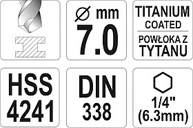 Сверло по металлу HSS-TiN 7,0мм с хвостовиком HEX ( 1 шт.) "Yato"YT-44766, фото 3