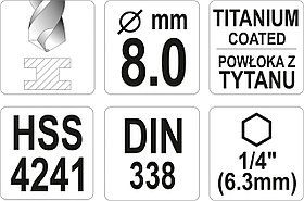 Сверло по металлу HSS-TiN 8,0мм с хвостовиком HEX "Yato"YT-44768, фото 3