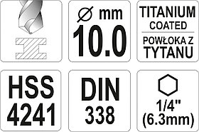 Сверло по металлу HSS-TiN 10,0мм с хвостовиком HEX ( 1 шт.) "Yato"YT-44772, фото 3