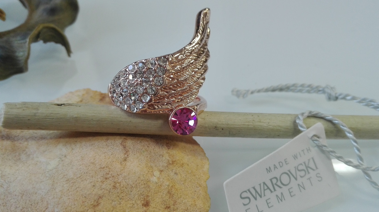 кольцо позолоченное, кристаллы Swarovski Перо
