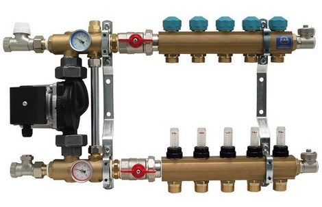 Коллектор для тёплого пола 1" с расходомерами и смесительным узлом KAN серия 77A 5 отводов