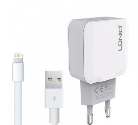 Сетевое зарядное устройство Ldnio A2202 2.1A white (2 USB) + кабель Lightning