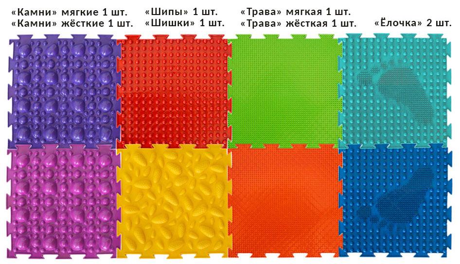Набор из 8 шт массажных ковриков "ОРТОДОН" Набор №1  УНИВЕРСАЛ (Камни-2, Трава-2, Шипы-1, Елочка-2, Шишки-1)