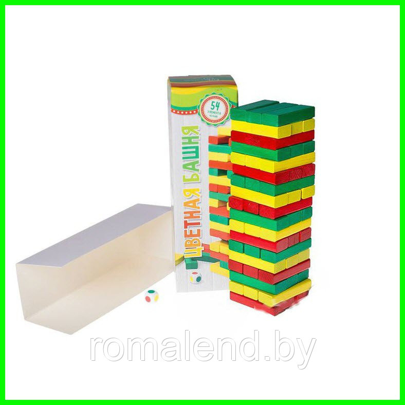 Настольная игра Jenga цветная (Дженга башня) с кубиком - фото 1 - id-p95829754