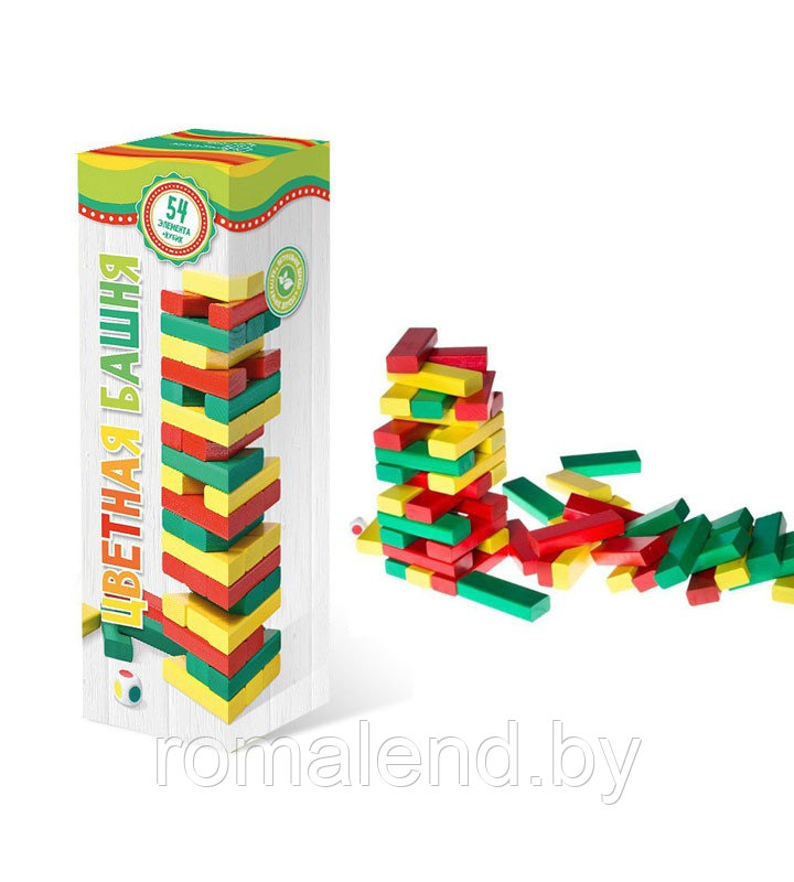 Настольная игра Jenga цветная (Дженга башня) с кубиком - фото 3 - id-p95829754