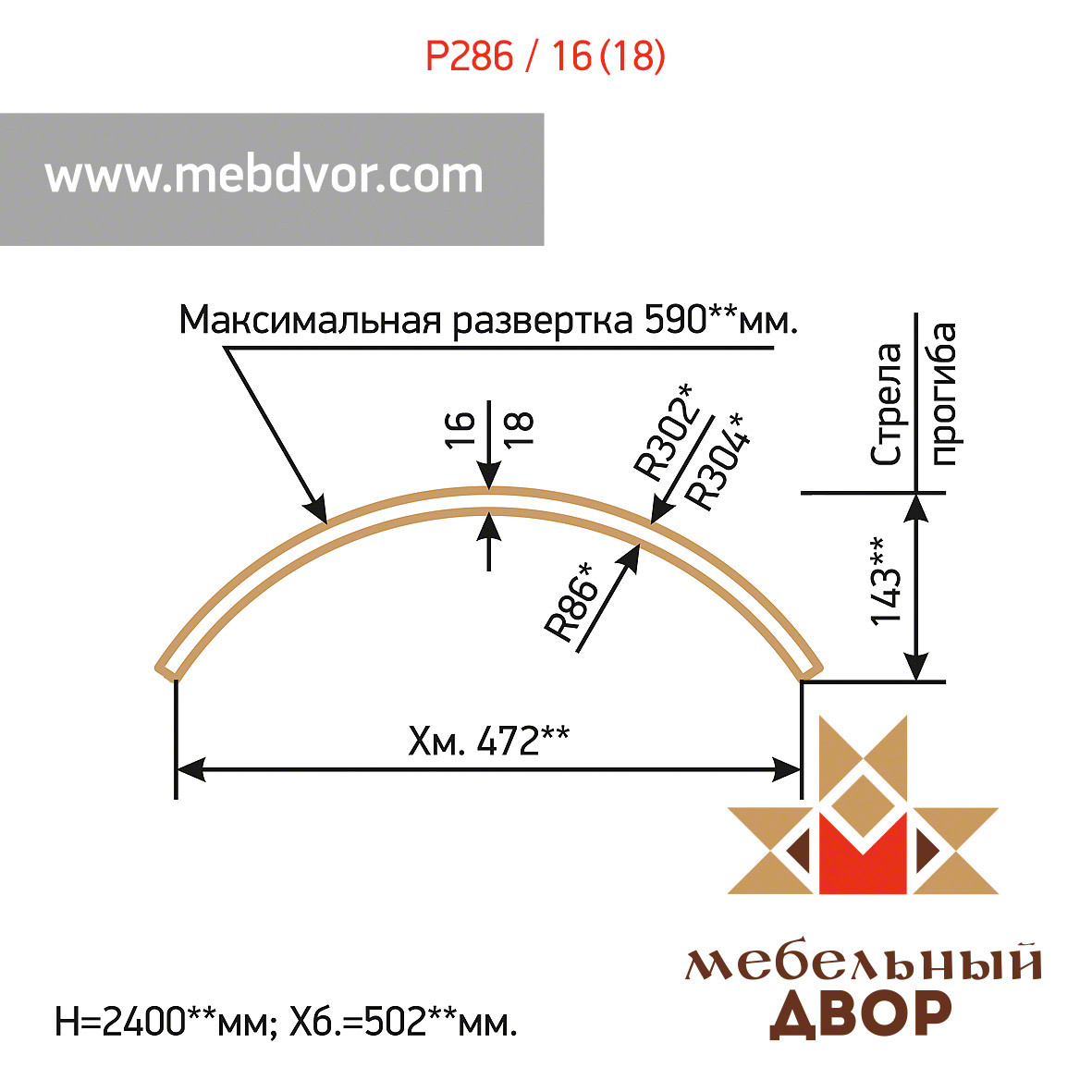 Заготовка для радиусных фасадов P286 740 mm - с двухсторонней ламинацией, 16 mm - фото 1 - id-p111207018