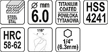 Сверло-шарошка по металлу 6.0мм HSS-TiN с хвостовиком HEX YT-44823, фото 3