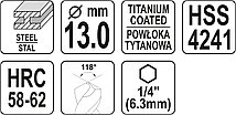 Сверло-шарошка по металлу 13.0мм HSS-TiN с хвостовиком HEX YT-44831, фото 3