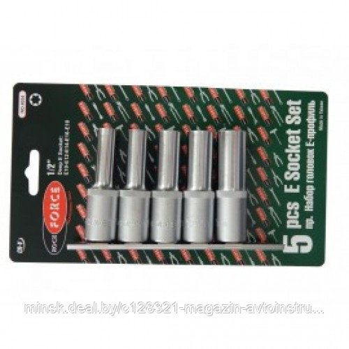 Головки глубокие Е-профиль, набор 5пр., 1/2" (Е10,E12,E14,E16,E18) на планке Rock FORCE RF-4054