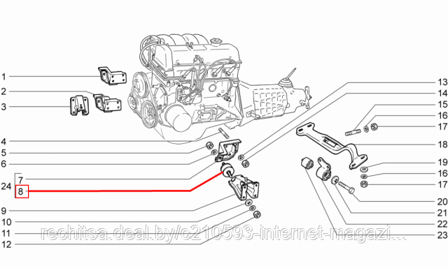 Схема установки подушки двигателя ВАЗ 2121 Нива на автомобиле: