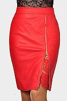 Женская осенняя кожаная красная нарядная юбка Klever 297 красный 42р.