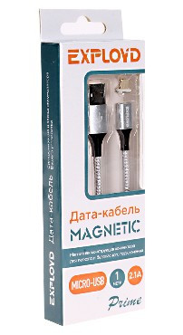 EX-K-387 USB - microUSB круглый нейлон серебро магнитный Кабель Prime 1М 2.1A EXPLOYD