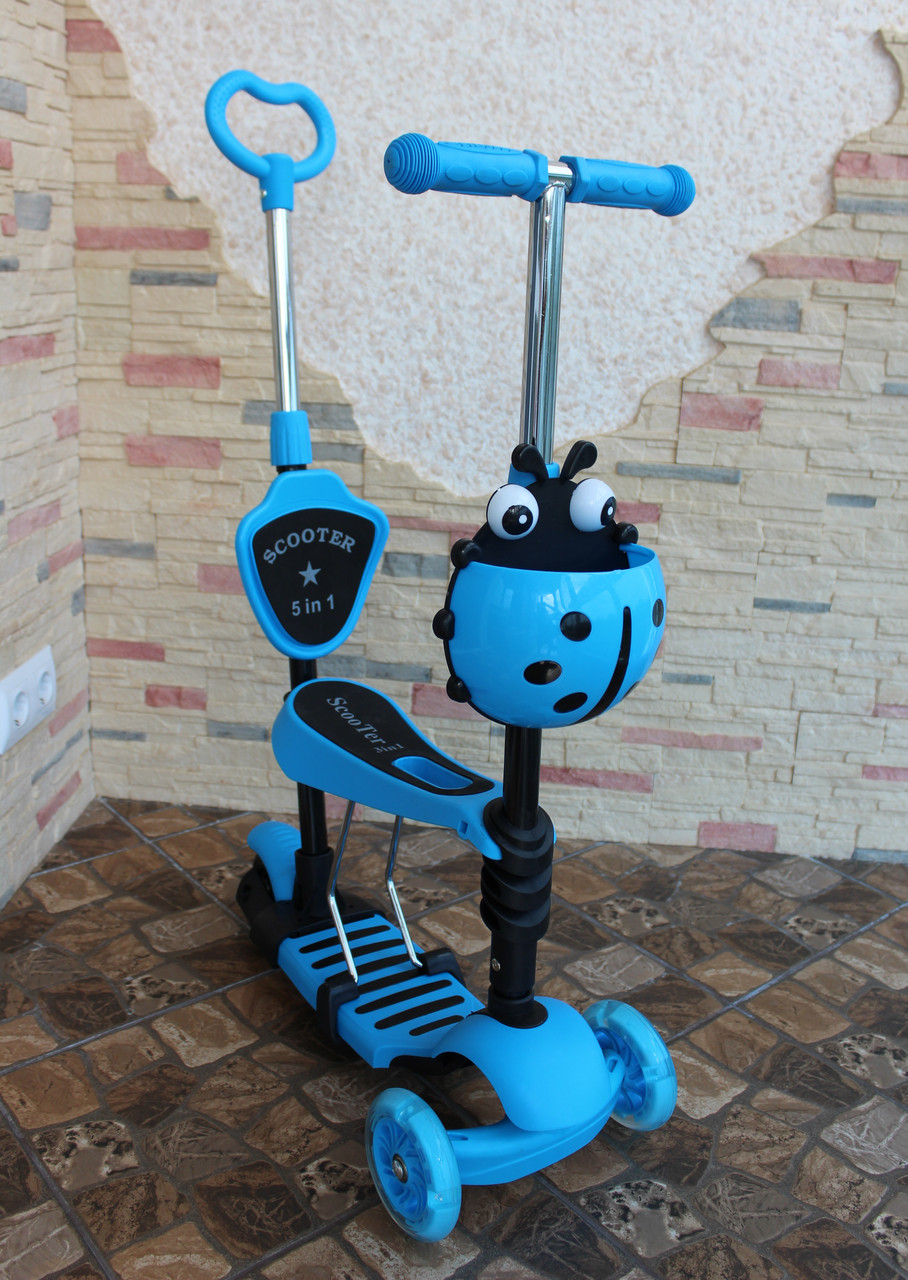 Детский трехколесный самокат трансформер Mini 5 в 1 Божья Коровка (голубой), MG13-BL - фото 1 - id-p76854696