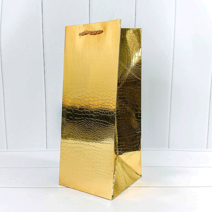 Пакет подарочный под бутылку Кожа золото 14 х 35 х 14 см