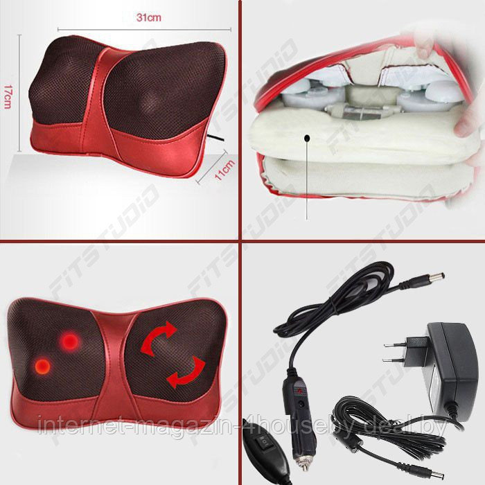 Массажная роликовая подушка с ИК-прогревом Massager Pillow FITSTUDIO (2 режима, красная) - фото 7 - id-p99806768