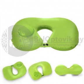 Надувная подушка в путешествия для шеи со встроенной помпой для надувания Travel Neck Pilows Inflatable Foldable. Надуваем подушку руками Зелный