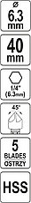 Сверло конусное зенкер d6.3мм L40мм хвостовик HEX "Yato" YT-44721, фото 3