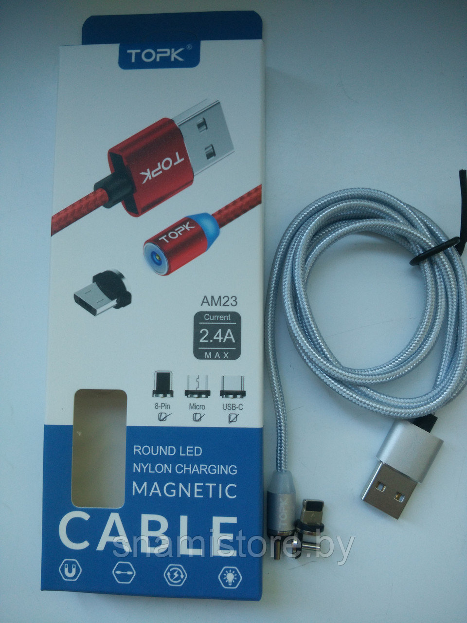 Кабель TOPK AM23 USB - MicroUSB, Type-C, Lightning (3 в 1), 1м, серебро - фото 1 - id-p100967768