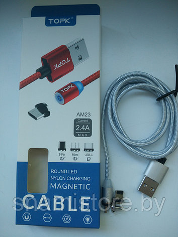 Кабель TOPK AM23 USB - MicroUSB, Type-C, Lightning (3 в 1), 1м, серебро, фото 2