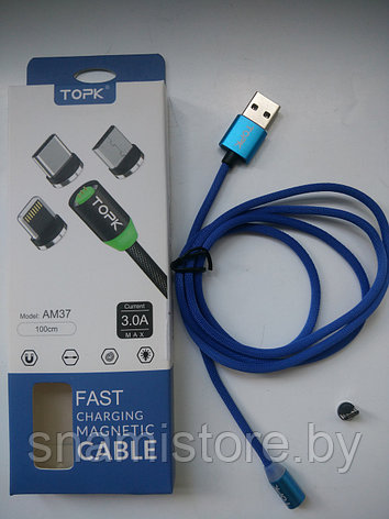 Кабель TOPK AM37 USB - MicroUSB магнитный (быстрая зарядка и передача данных), 1м, синий , фото 2