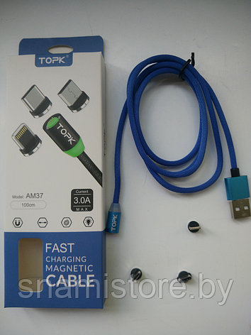 Кабель TOPK AM37 USB - MicroUSB, Type-C, Lightning (3 в 1), 1 м, синий, фото 2