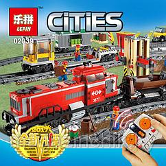 Красный товарный поезд Lepin 02039, на управлении, аналог Лего Сити 3677