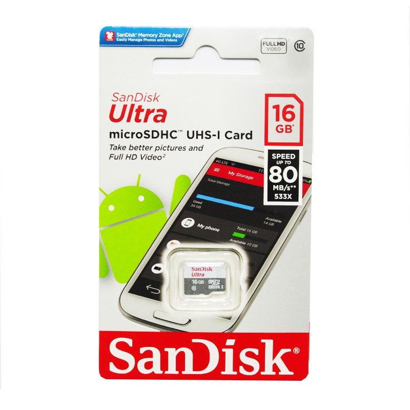 Карта памяти micro SDHC 16 GB SanDisk Class10 Ultra 80MB/s - фото 1 - id-p101269211