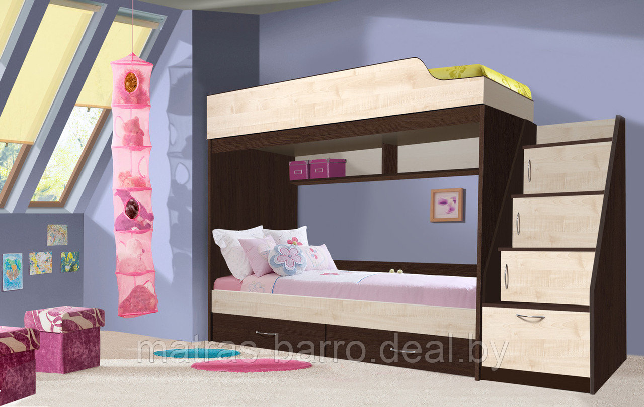Двухъярусная кровать Крепыш 5 с лестницей-комодом в цвете венге/дуб молочный