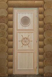 Деревянная дверь 185\75 для бани с иллюминатором Штурвал