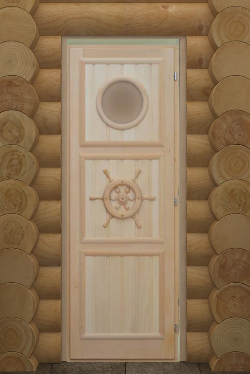 Деревянная дверь 185\75 для бани с иллюминатором Штурвал - фото 1 - id-p101615613