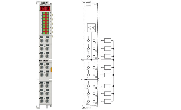 EL2889 | HD EtherCAT Terminal, 16-channel digital output 24 V DC, 0.5 A, 0 V (ground) switching