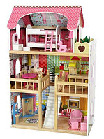 4109 Дом для кукол деревянный с мебелью, кукольный домик ECO TOYS Malinowa, 3 этажа, 5 комнат
