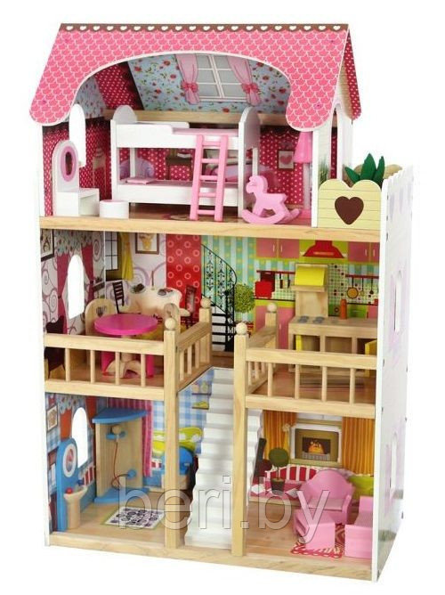 4109 Дом для кукол деревянный с мебелью, кукольный домик ECO TOYS Malinowa, 3 этажа, 5 комнат - фото 1 - id-p101748602