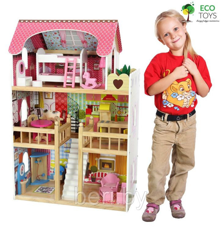 4109 Дом для кукол деревянный с мебелью, кукольный домик ECO TOYS Malinowa, 3 этажа, 5 комнат - фото 3 - id-p101748602