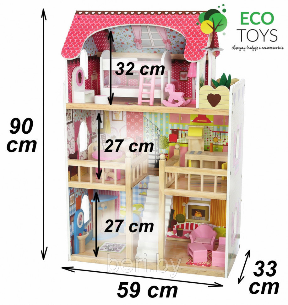 4109 Дом для кукол деревянный с мебелью, кукольный домик ECO TOYS Malinowa, 3 этажа, 5 комнат - фото 4 - id-p101748602