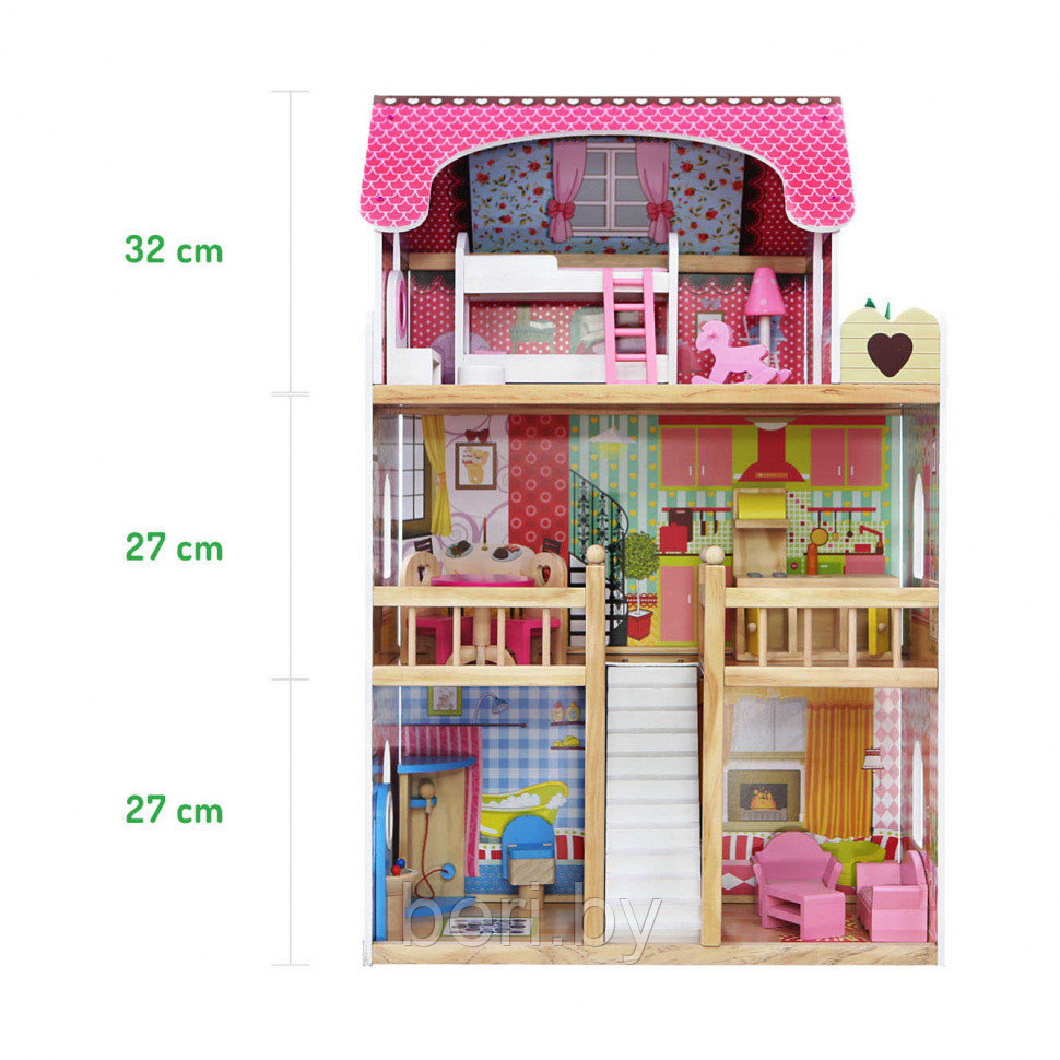 4109 Дом для кукол деревянный с мебелью, кукольный домик ECO TOYS Malinowa, 3 этажа, 5 комнат - фото 7 - id-p101748602