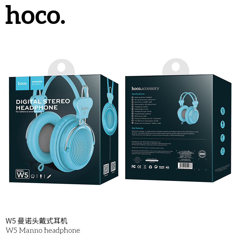 Наушники Hoco W5 Manno headphone (1.2 м) голубые - фото 1 - id-p40069418