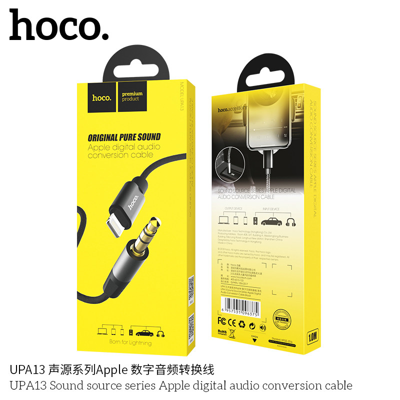 Акустический кабель Hoco UPA13 Lightning - jack(M) 3.5mm (1.0 м), цвет: чёрный - фото 1 - id-p47324797