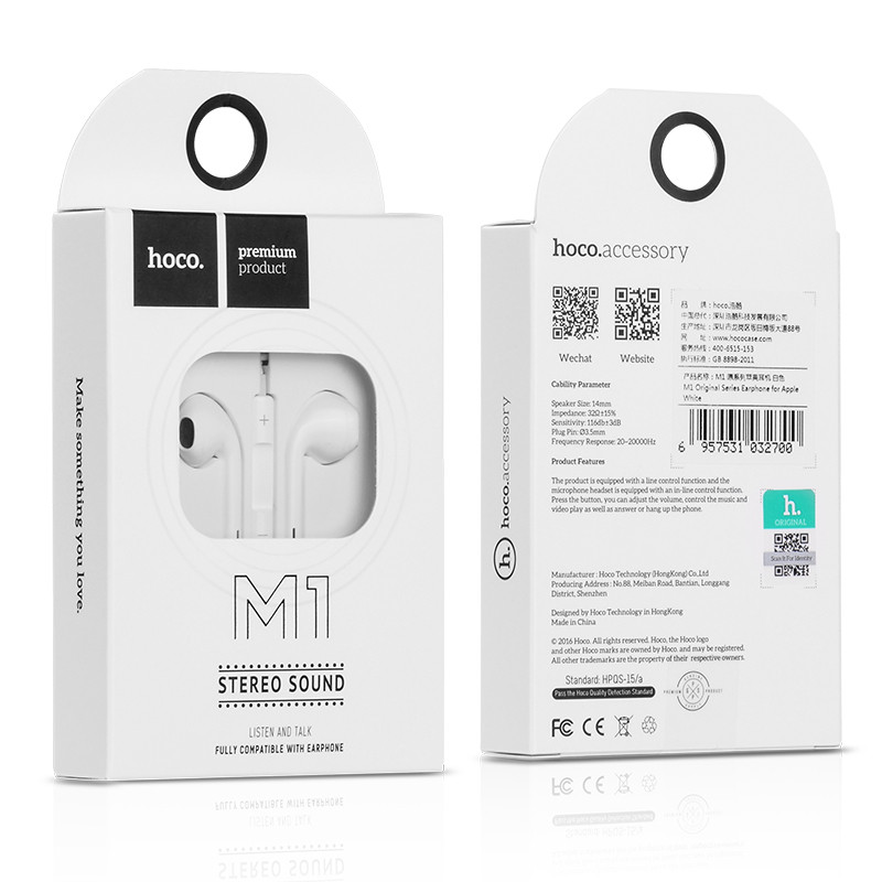 Наушники Hoco M1 Original Series Earphone для Apple с пультом управления Белые - фото 1 - id-p78683020