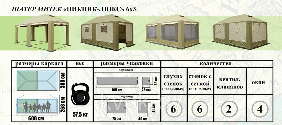 Шатер МИТЕК «ПИКНИК-ЛЮКС» 6х3м хаки-бежевый - фото 7 - id-p98628935