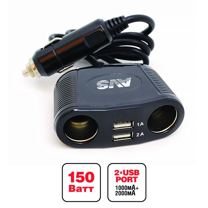 Разветвитель прикуривателя 12/24V (на 2 выхода + 2 USB) AVS CS220U - фото 1 - id-p102605027