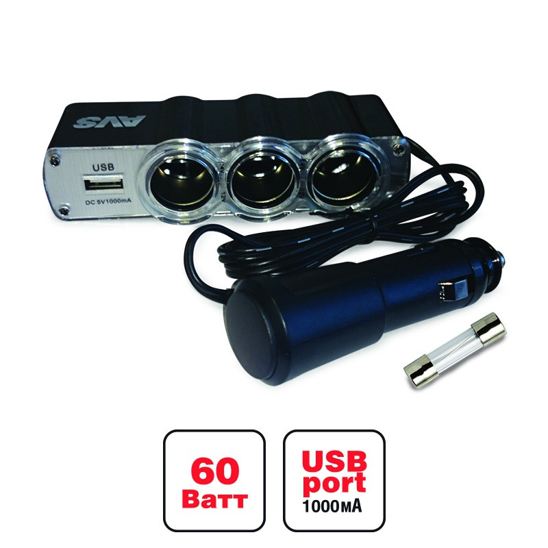 Разветвитель прикуривателя 12/24V (на 3 выхода + USB) AVS CS314U