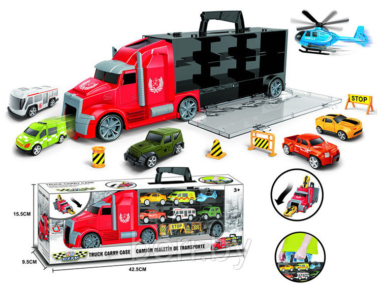 Фура, автовоз, трейлер 666-02K, грузовик с машинками 6 шт, дорожные знаки, игровой набор, Хот Вилс, Hot Wheels - фото 2 - id-p102719999
