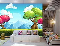 Детские фотообои с изображением деревьев,неба, облаков, травы, гор, летнего пейзажа
