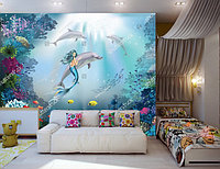 Детские фотообои с изображением русалки и дельфинов под водой 