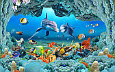 Детские фотообои с изображением дельфинов, других рыб и кораллы под водой.